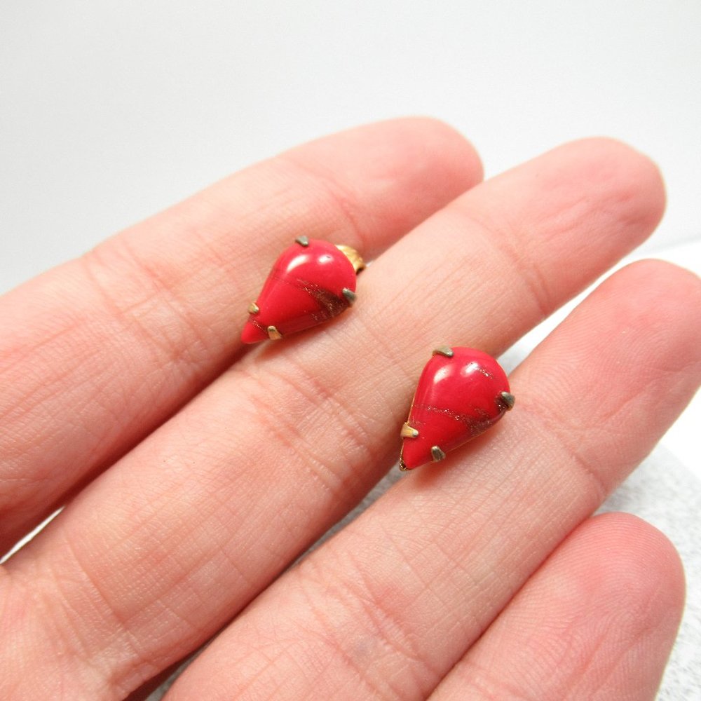 Vintage Red Clip Teardrop Earrings